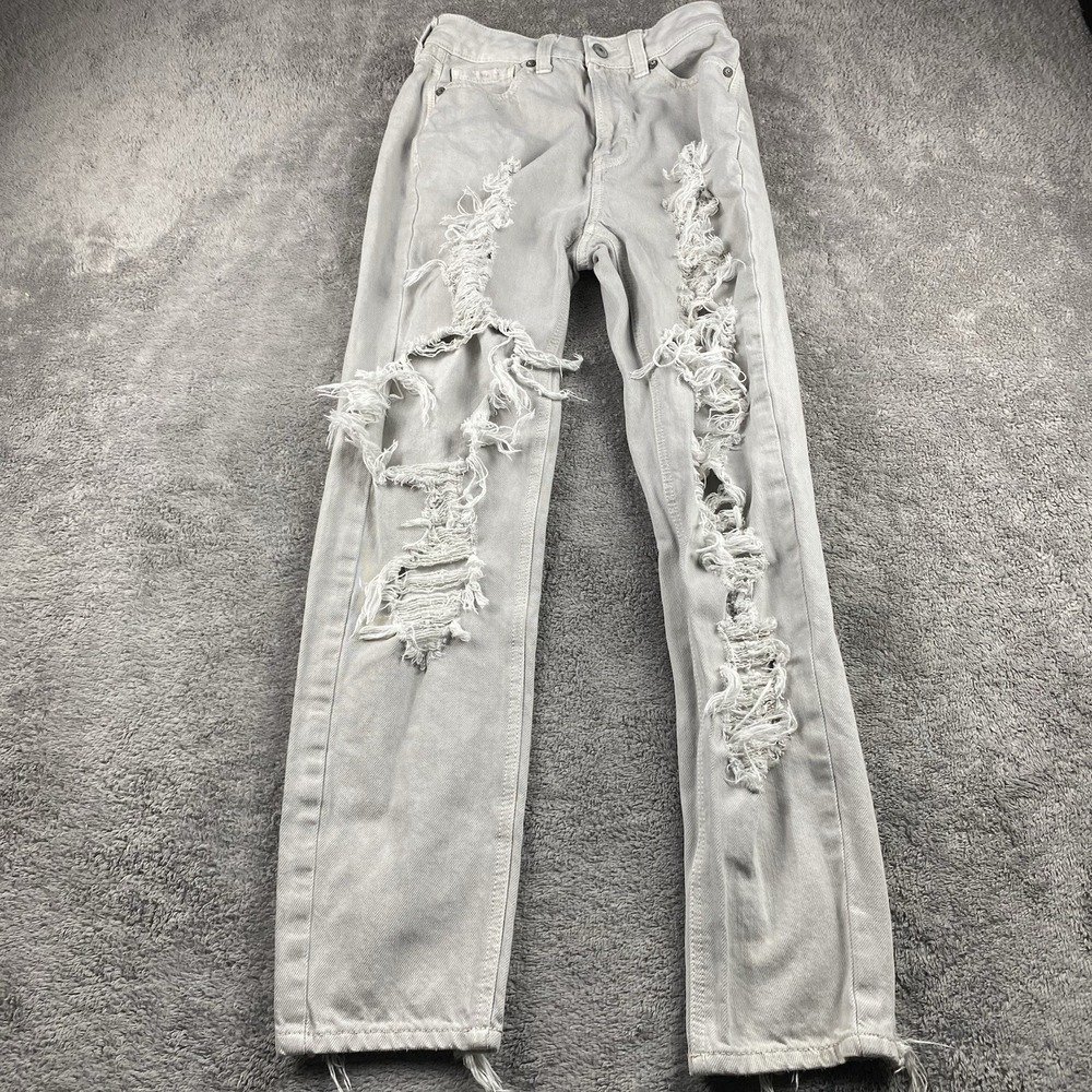 American Eagle Mom Jean Womens 00 Short Gray Denim Midโ Rise Distressed